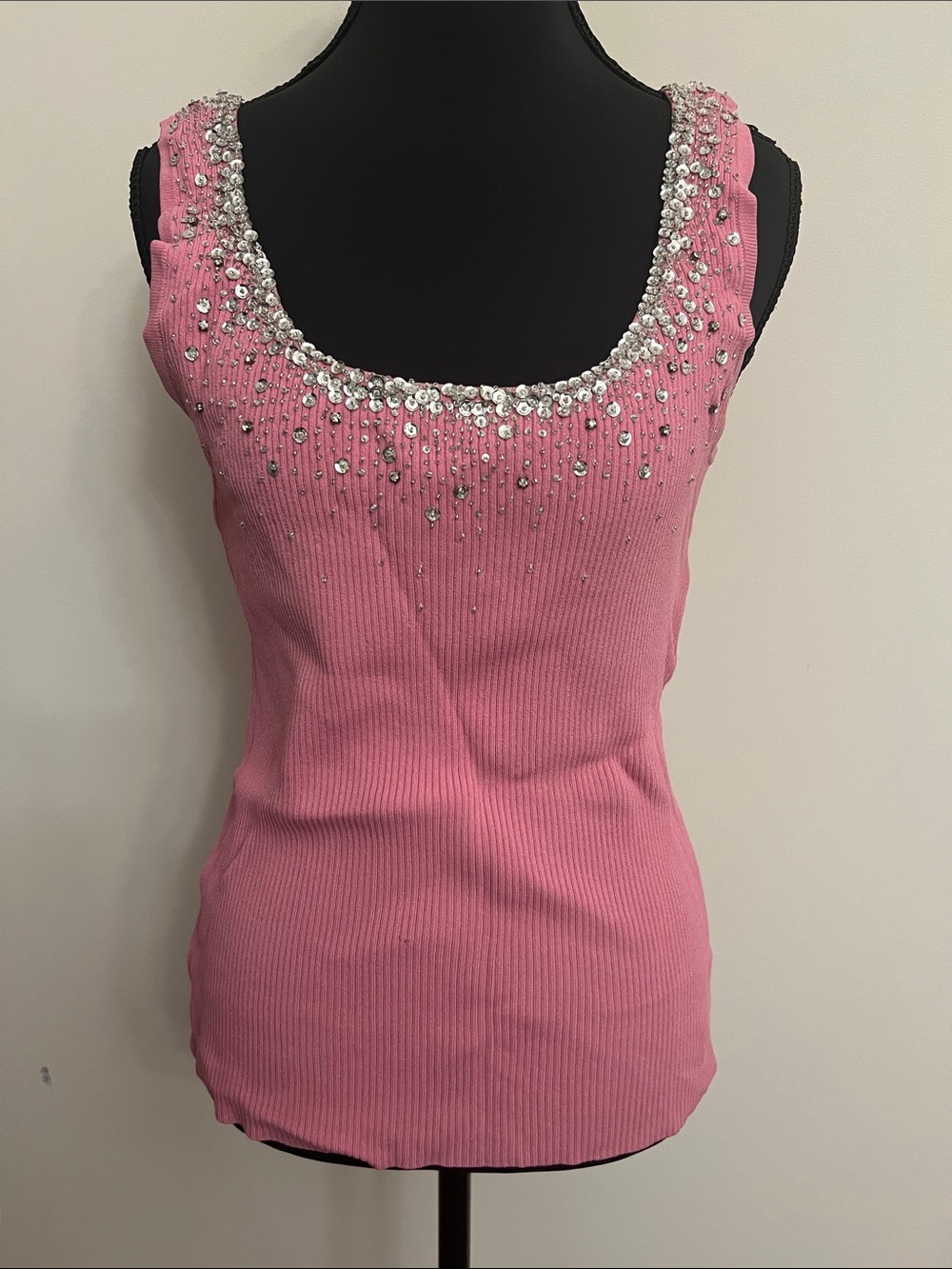 Cache Pink Ribbed Tank with Sequin & Crystal Scoop